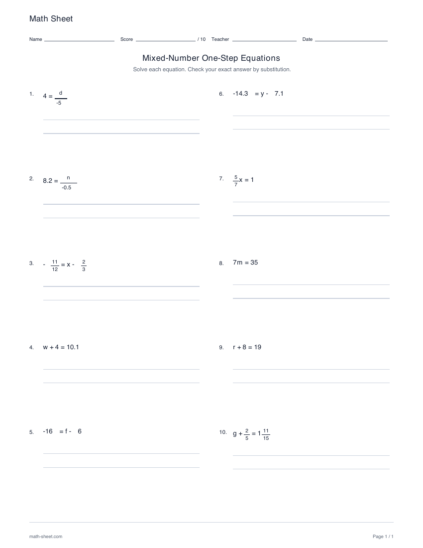 First page preview: Mixed-number one-step equations worksheets