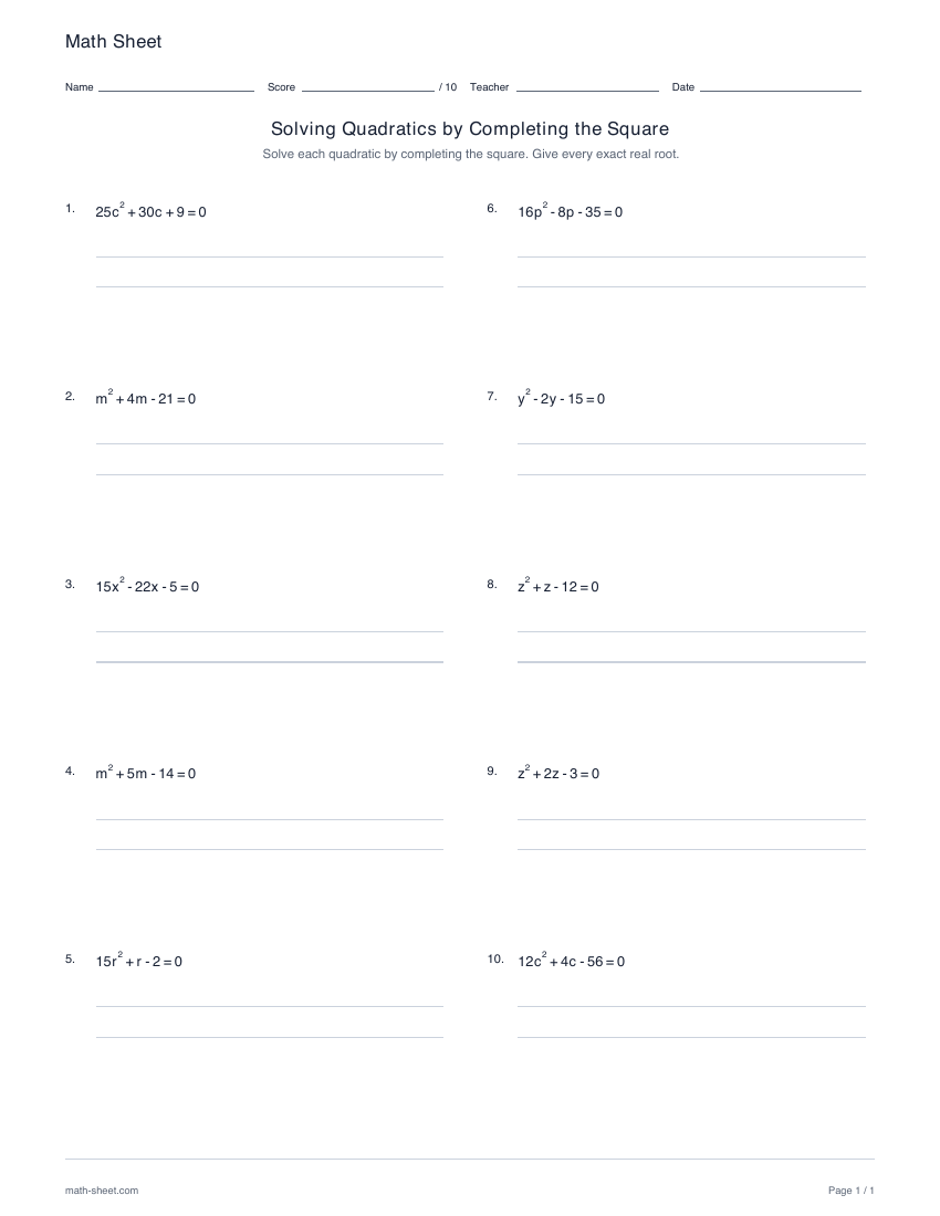 First page preview: Solving quadratics by completing the square worksheets