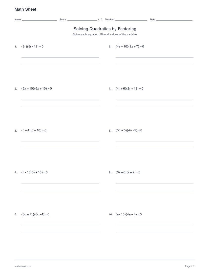 First page preview: Solving quadratics by factoring worksheets
