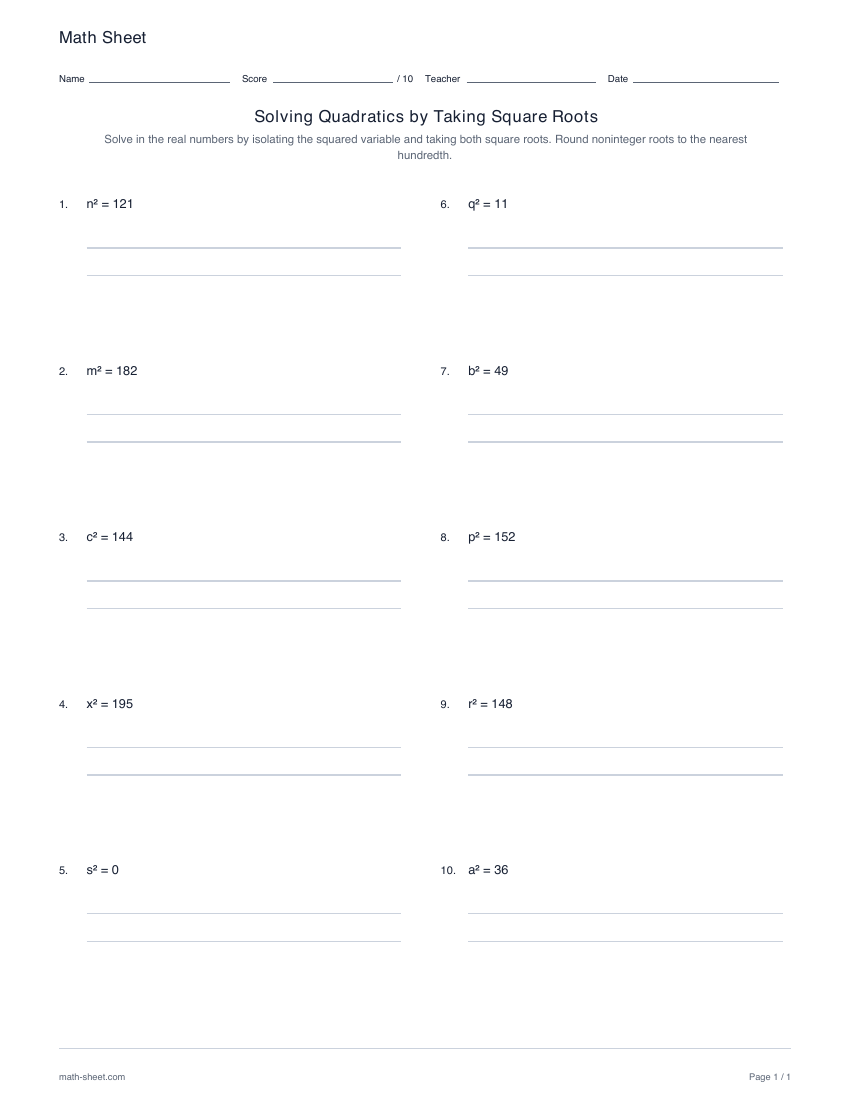First page preview: Solving quadratics by taking square roots worksheets