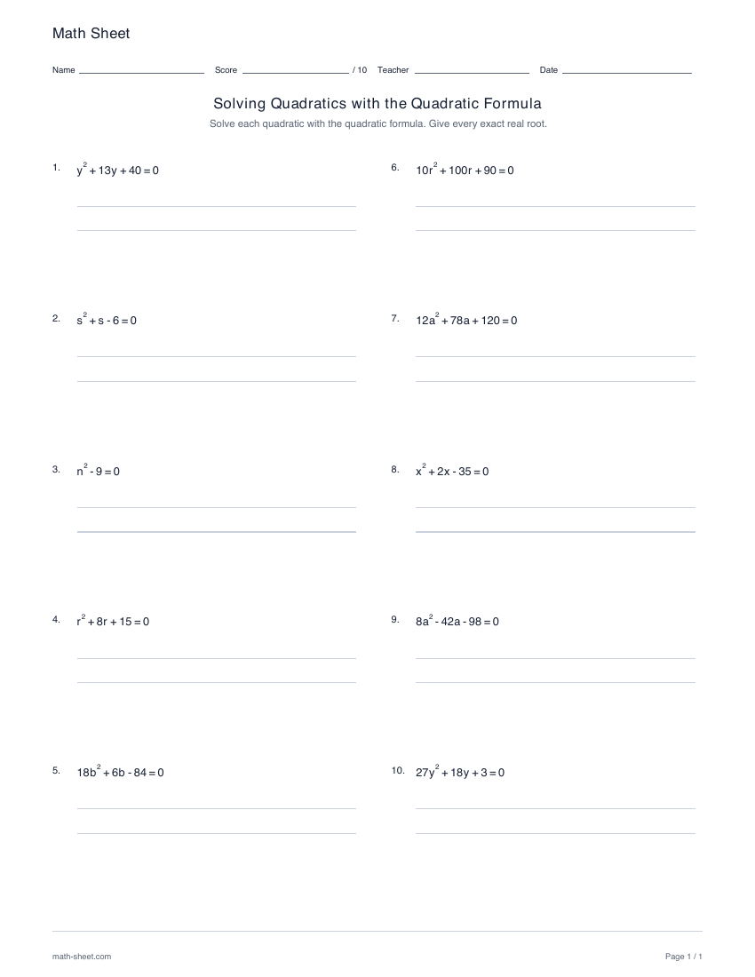 First page preview: Solving quadratics with the quadratic formula worksheets