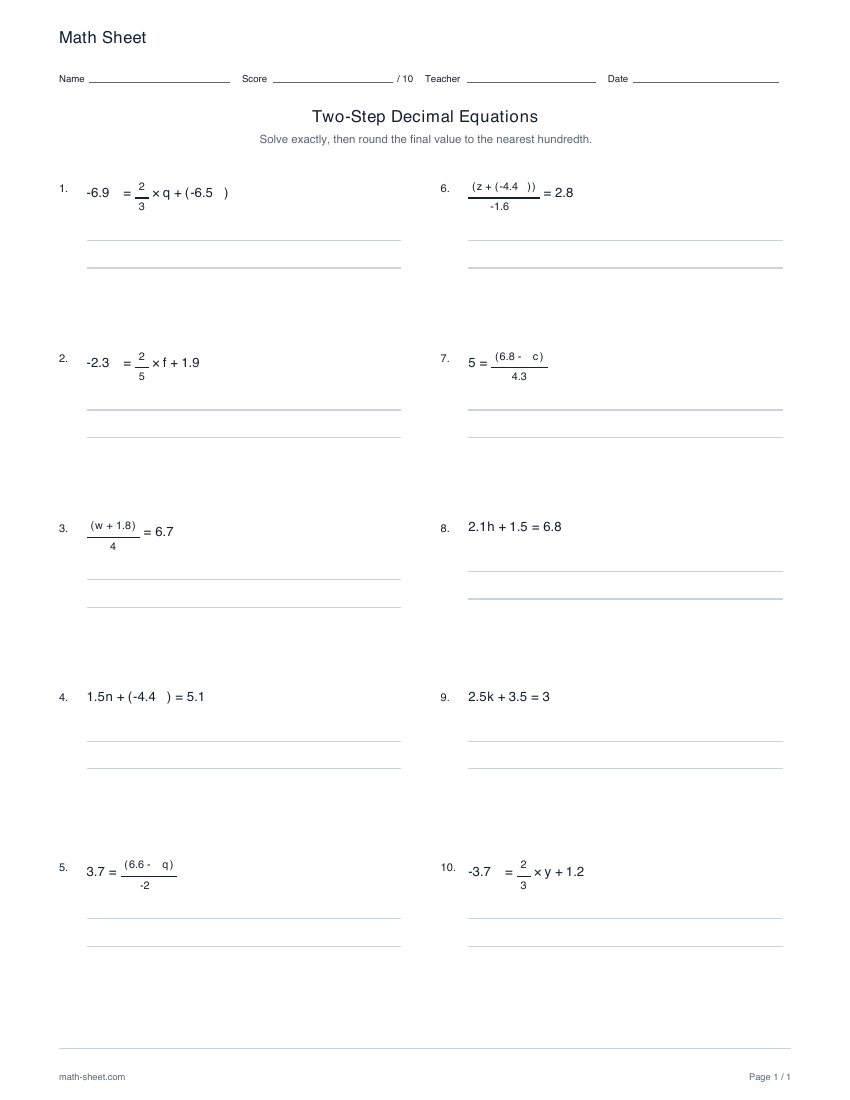 First page preview: Two-step decimal equations worksheets