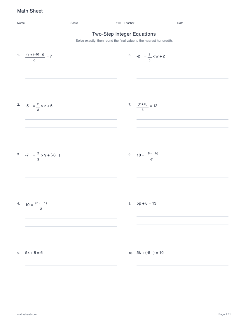First page preview: Two-step equations worksheet