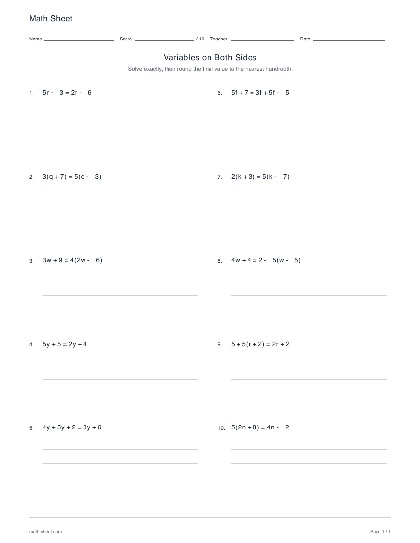 First page preview: Variables on both sides equations worksheets