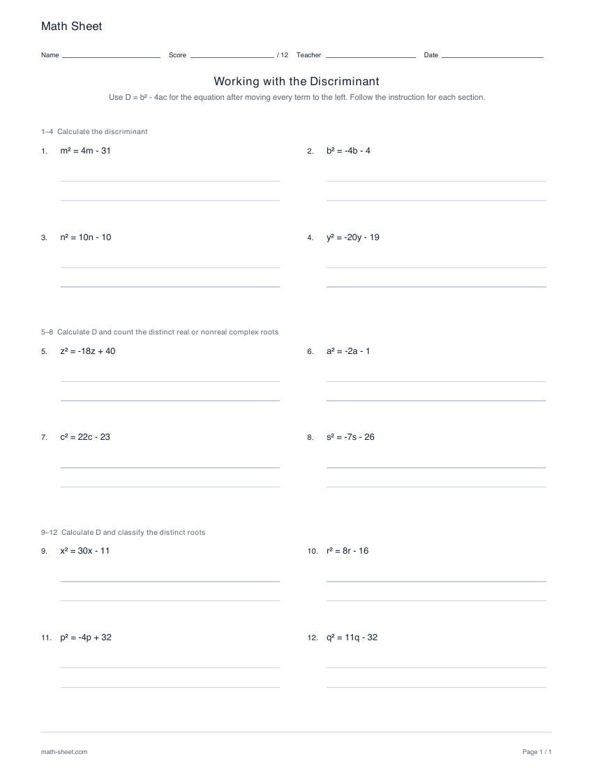 First page preview: Working with the discriminant worksheets