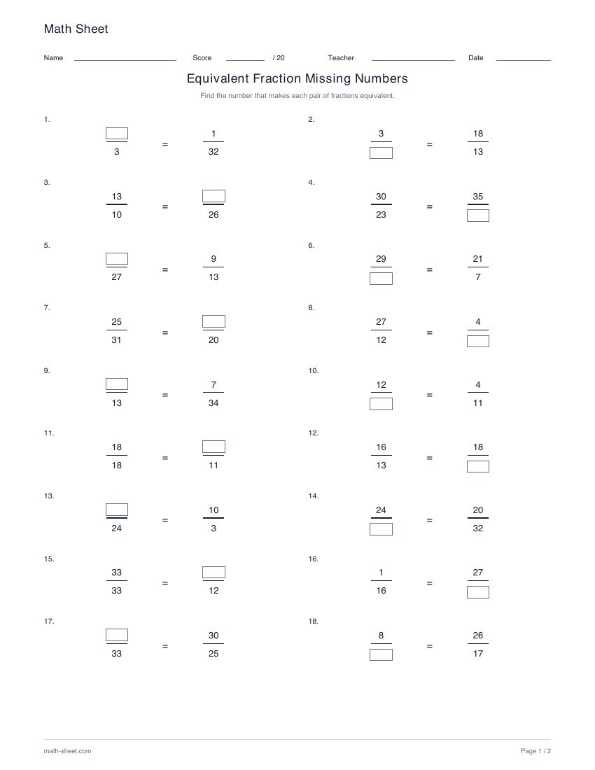 Printable equivalent fractions with missing numbers worksheet preview