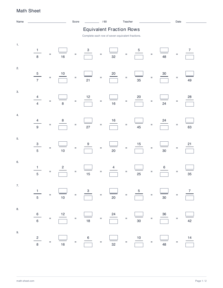 Printable equivalent fractions worksheet preview
