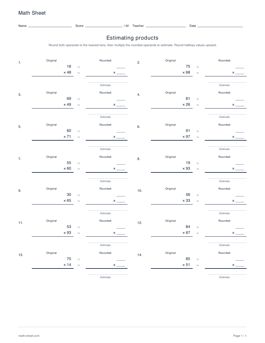 Printable estimating products worksheet preview