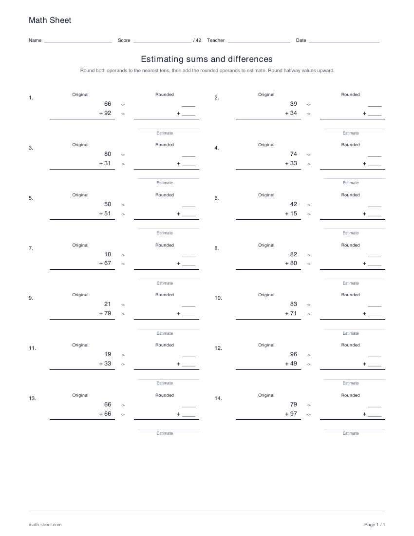 Printable estimating sums and differences worksheet preview