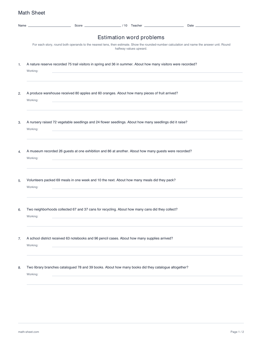Printable estimation word problems worksheet preview