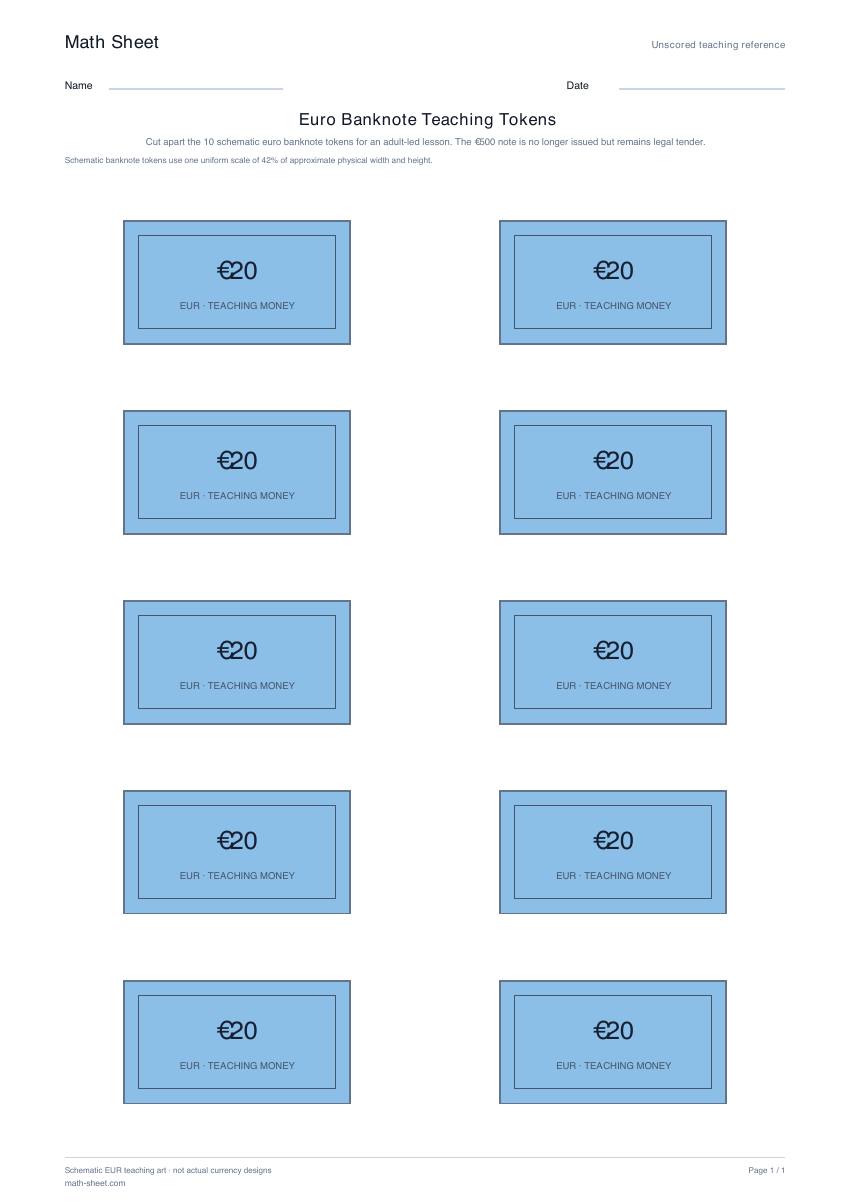Printable euro banknote teaching tokens worksheet preview