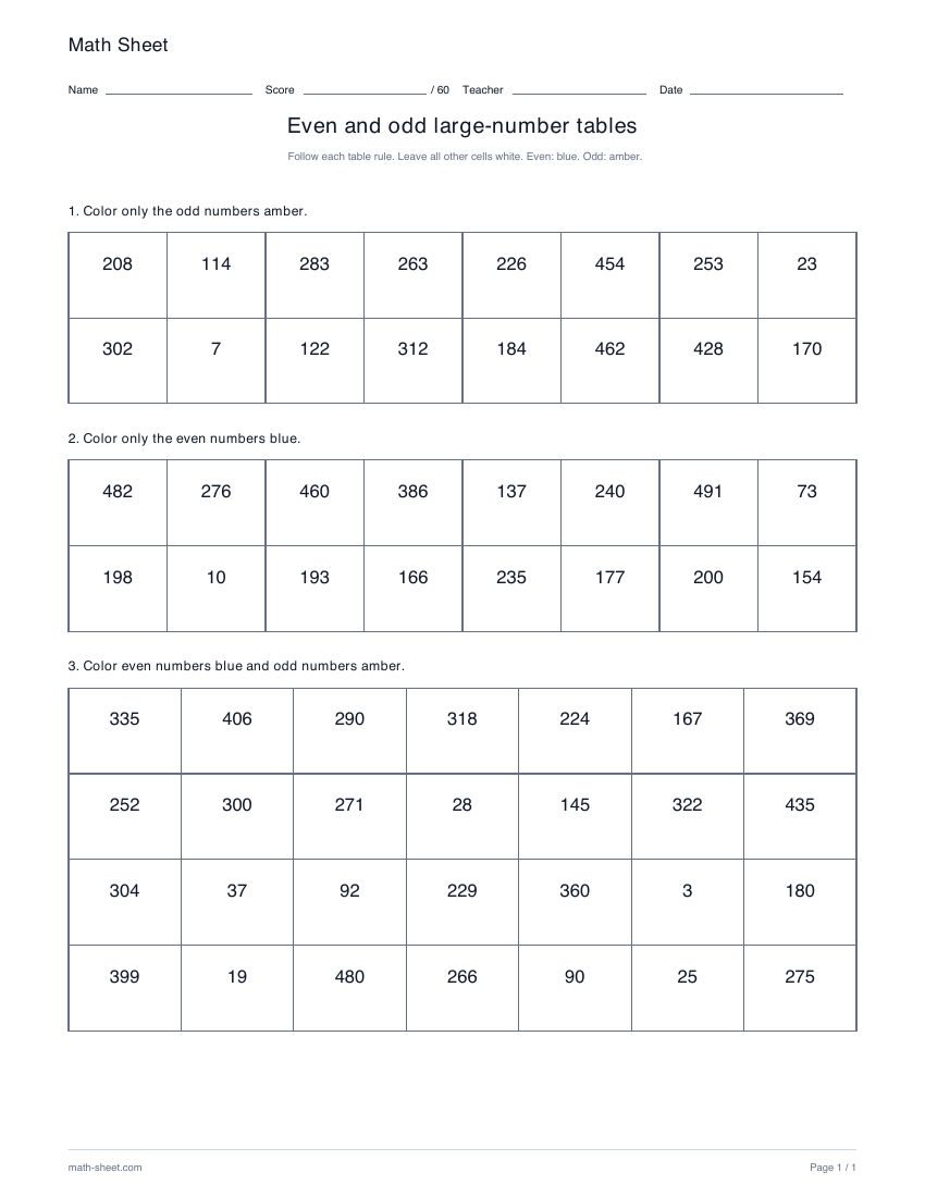Printable even and odd tables: large numbers worksheet preview