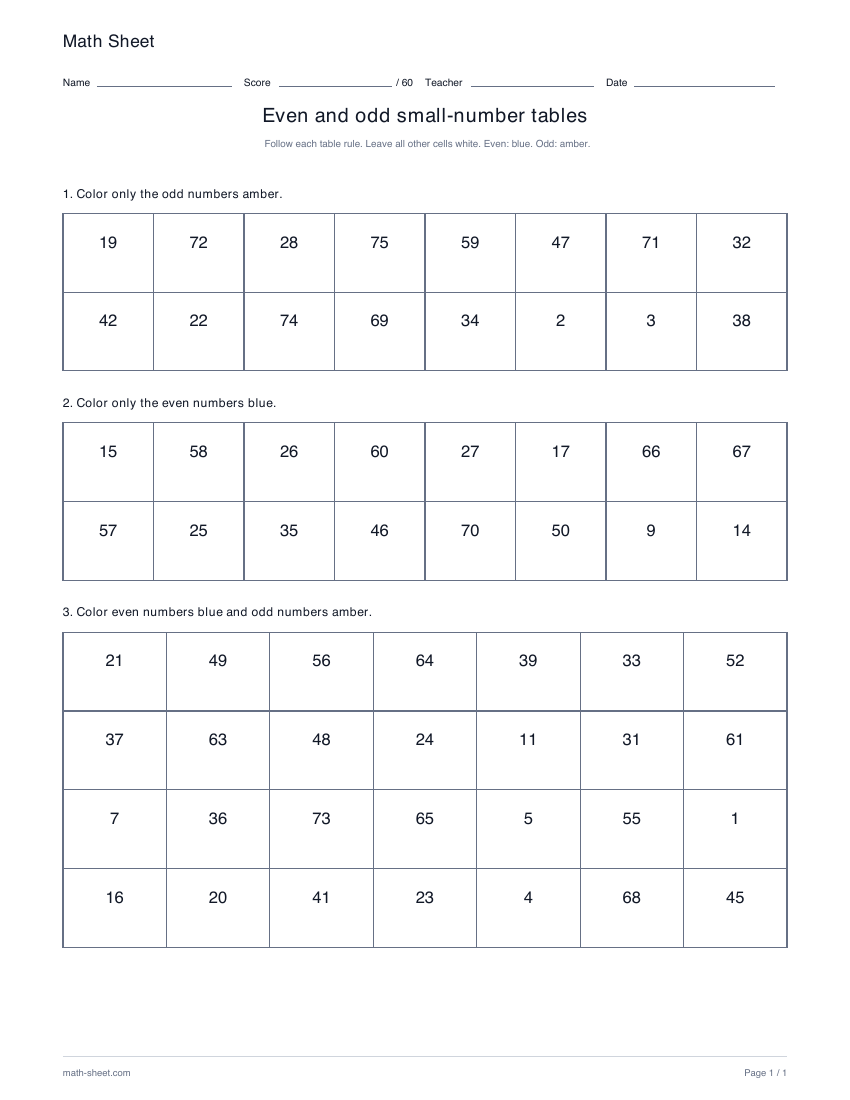 Printable even and odd tables: small numbers worksheet preview