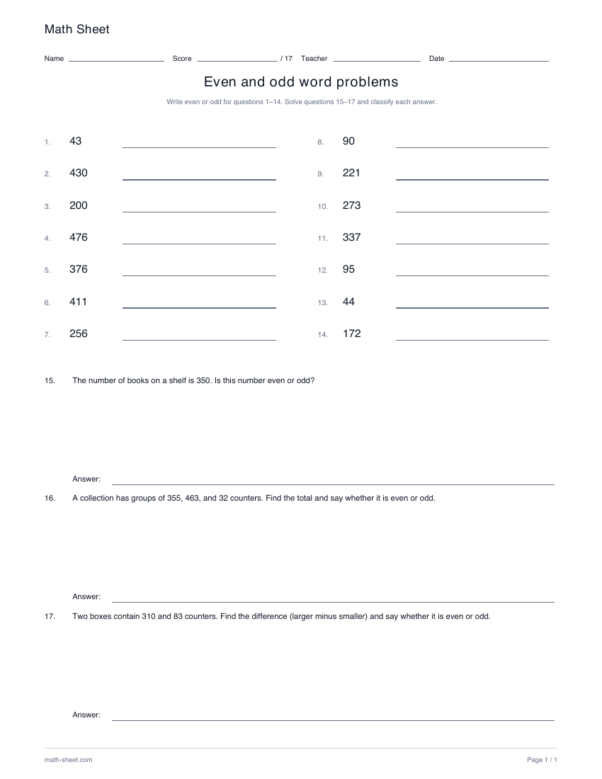 Printable even and odd word problems worksheet preview