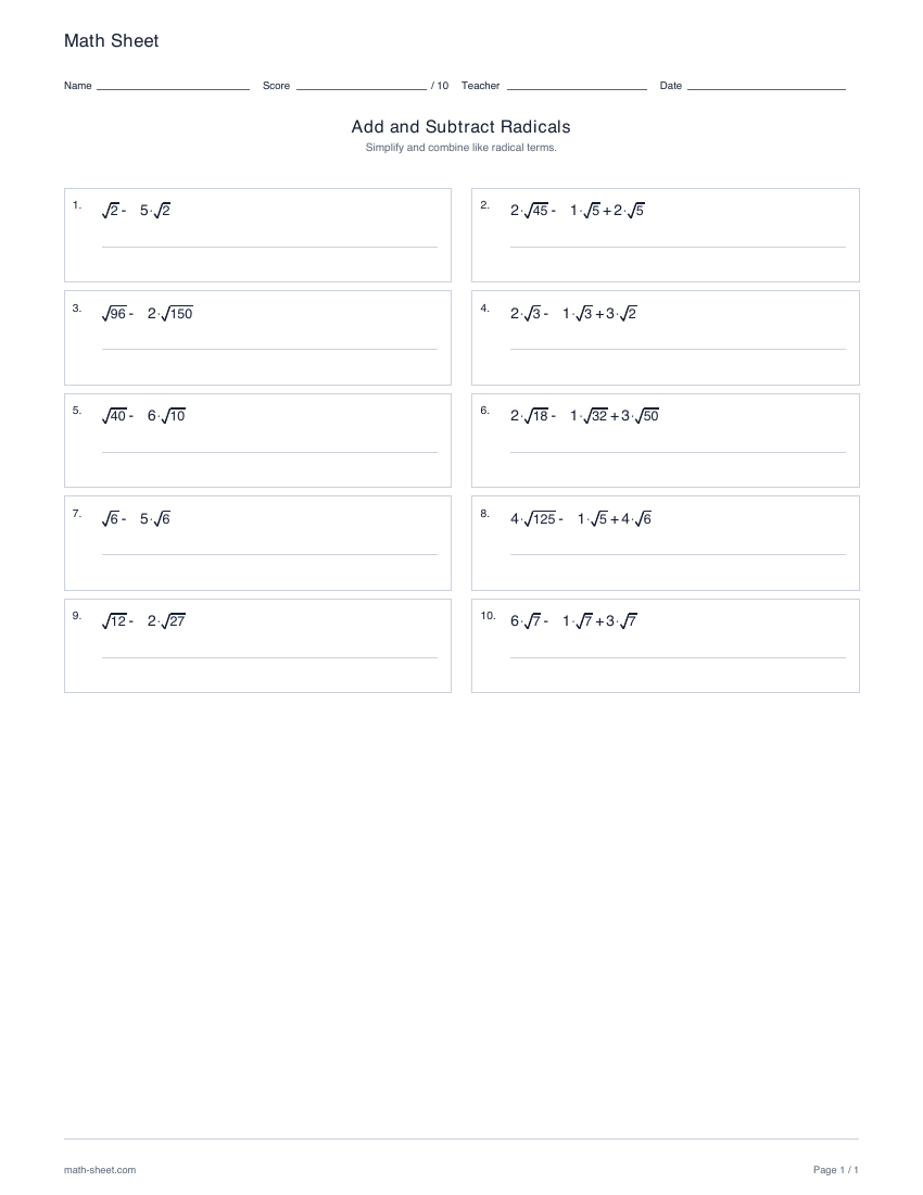 First page preview: Adding and subtracting radicals worksheets