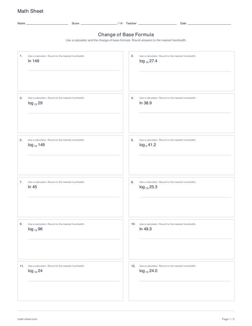 First page preview: Change of base formula worksheets