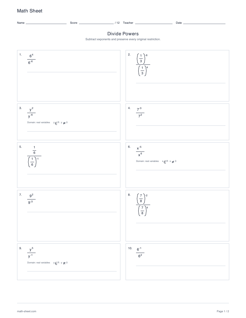 First page preview: Dividing powers worksheets