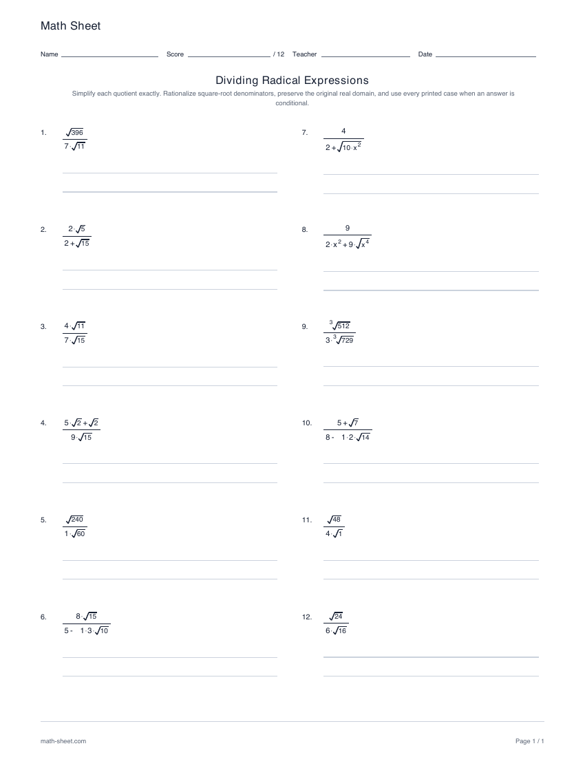First page preview: Dividing radical expressions worksheets