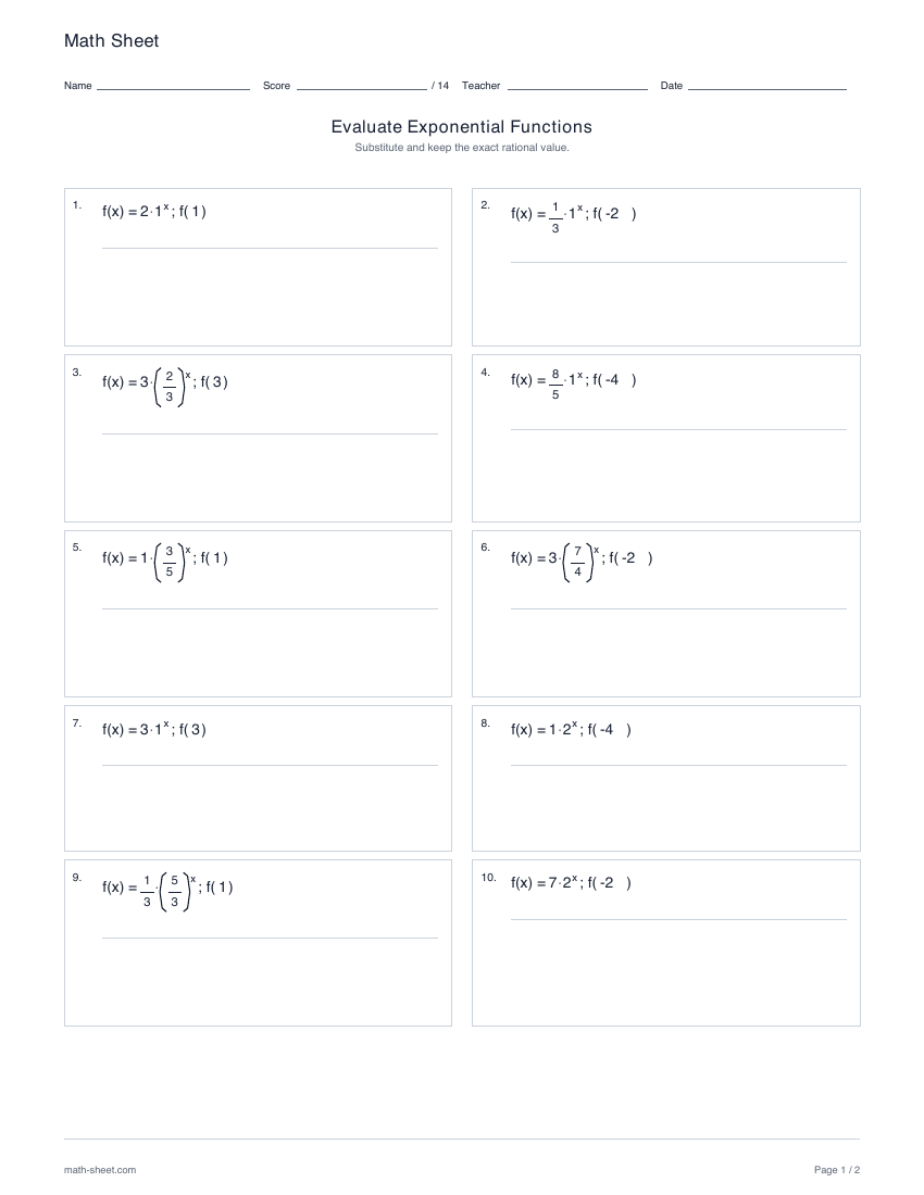 First page preview: Evaluating exponential functions worksheets
