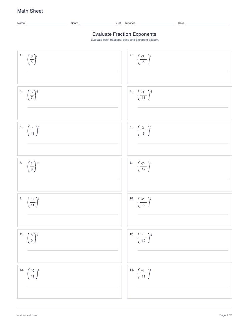 First page preview: Evaluate powers of fractions worksheets