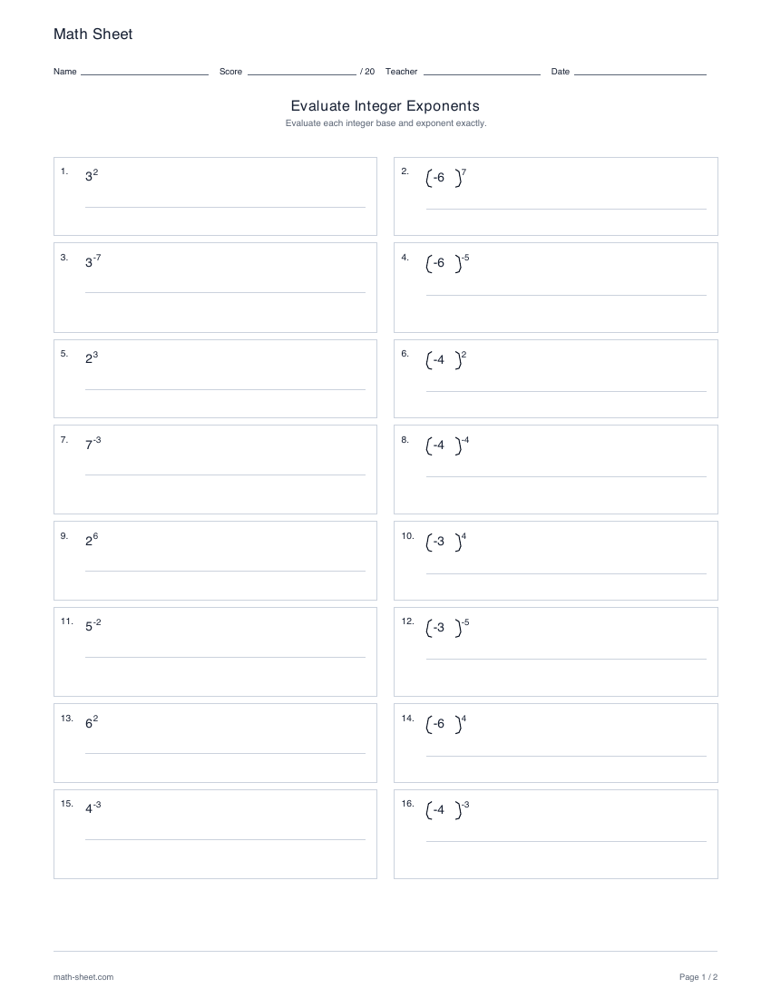 First page preview: Evaluate powers of integer bases worksheets