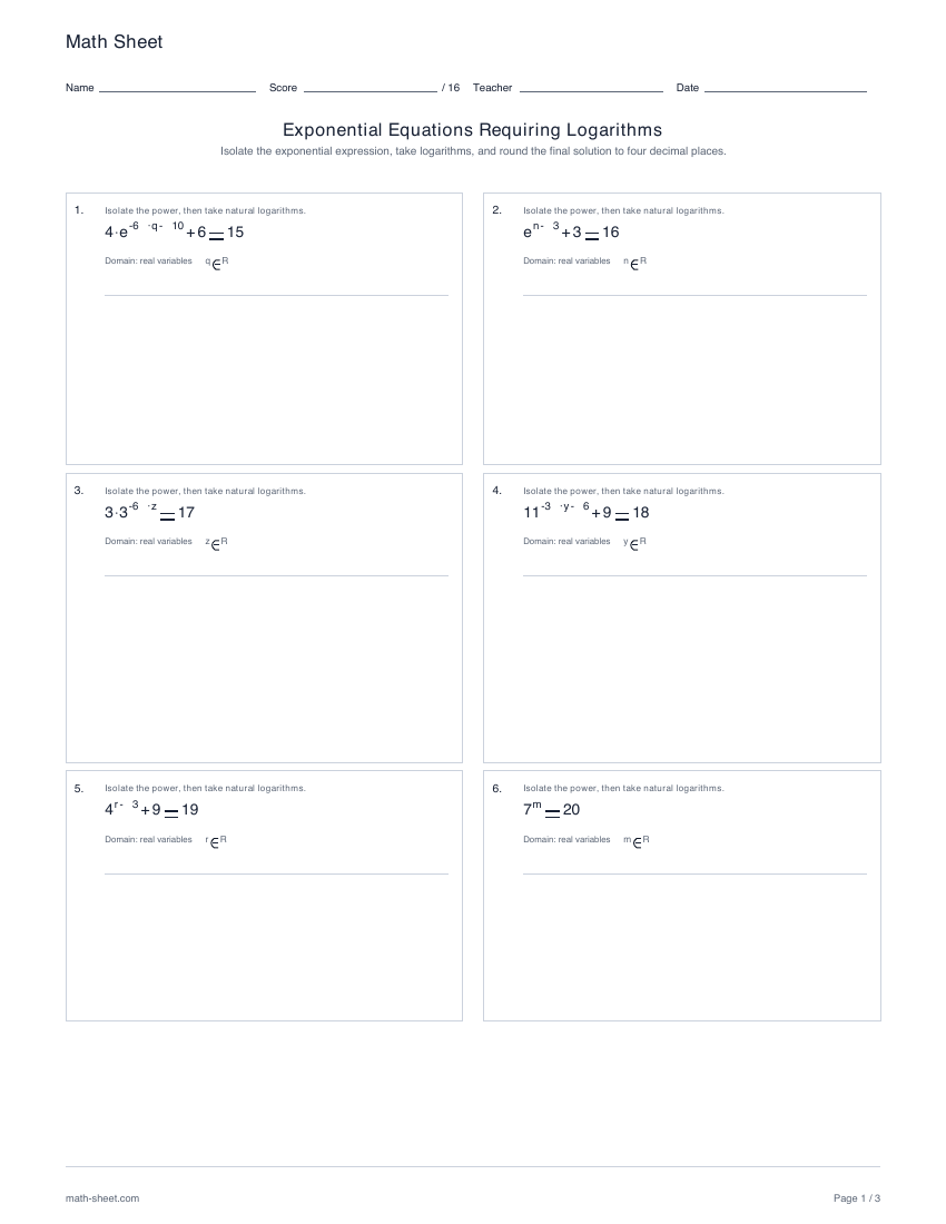 First page preview: Exponential equations requiring logarithms worksheets