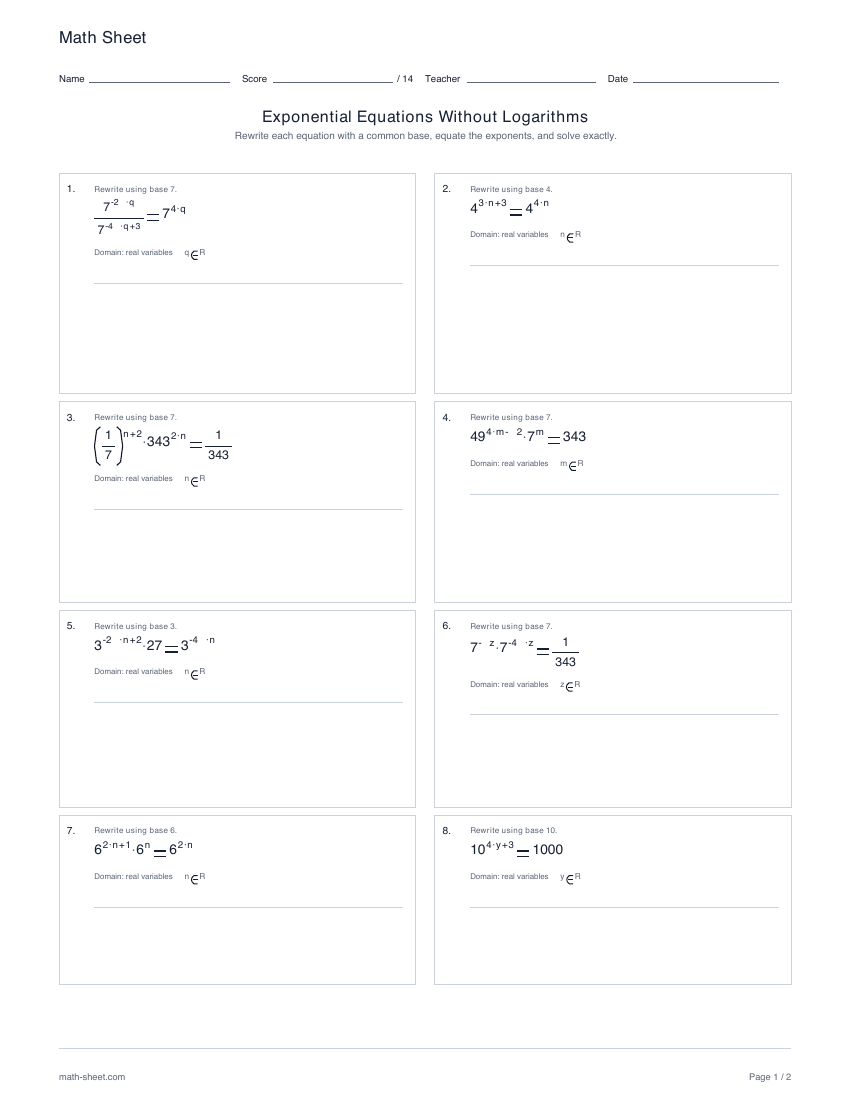 First page preview: Exponential equations without logarithms worksheets