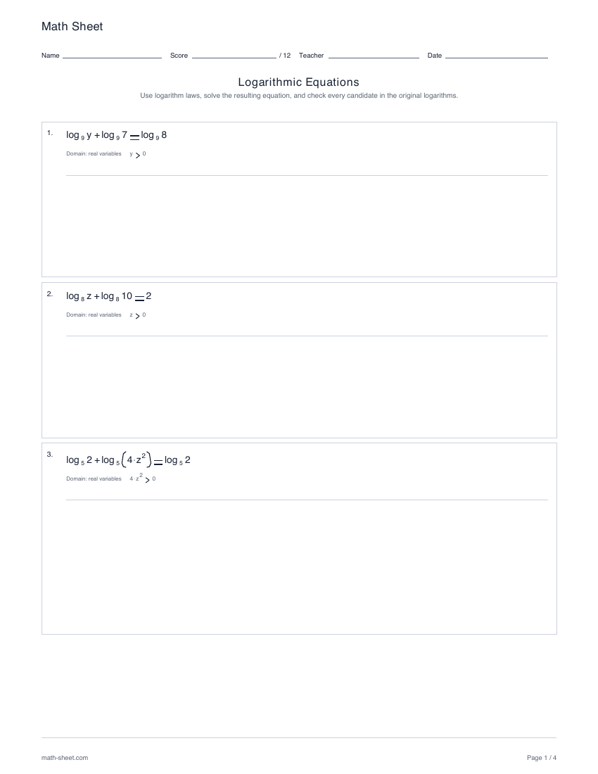 First page preview: Logarithmic equations worksheets