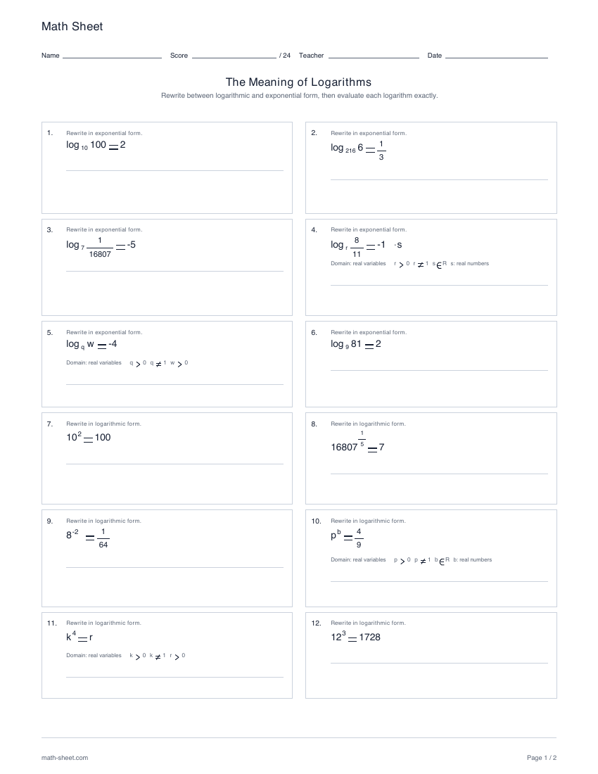 First page preview: Meaning of logarithms worksheets