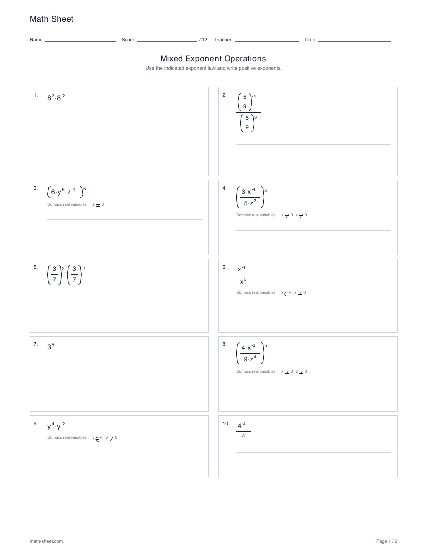 First page preview: Mixed exponent rules worksheets