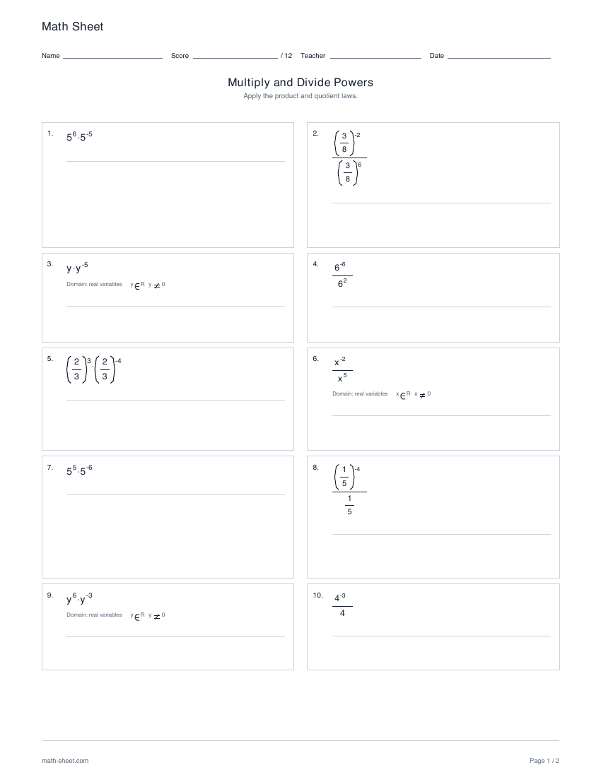 First page preview: Multiplying and dividing powers worksheets