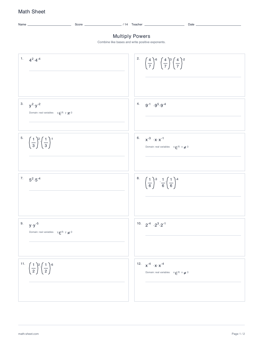 First page preview: Multiplying powers worksheets