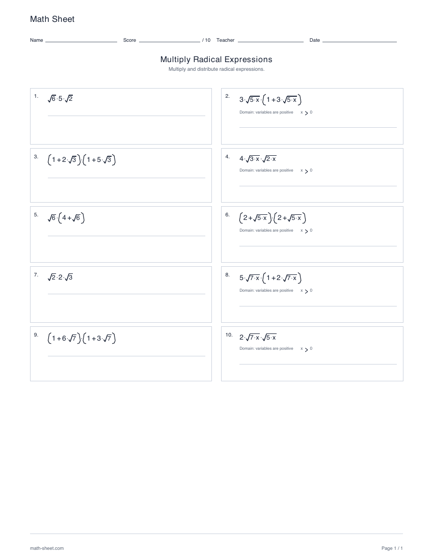 First page preview: Multiplying radical expressions worksheets