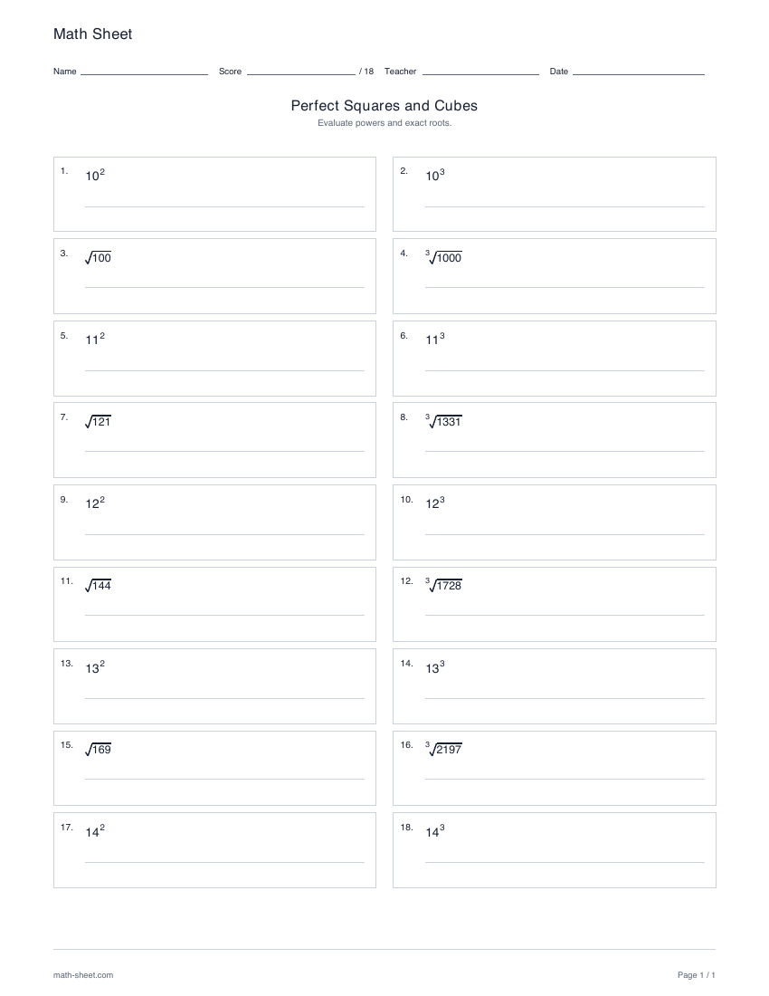 First page preview: Perfect squares and cubes worksheets