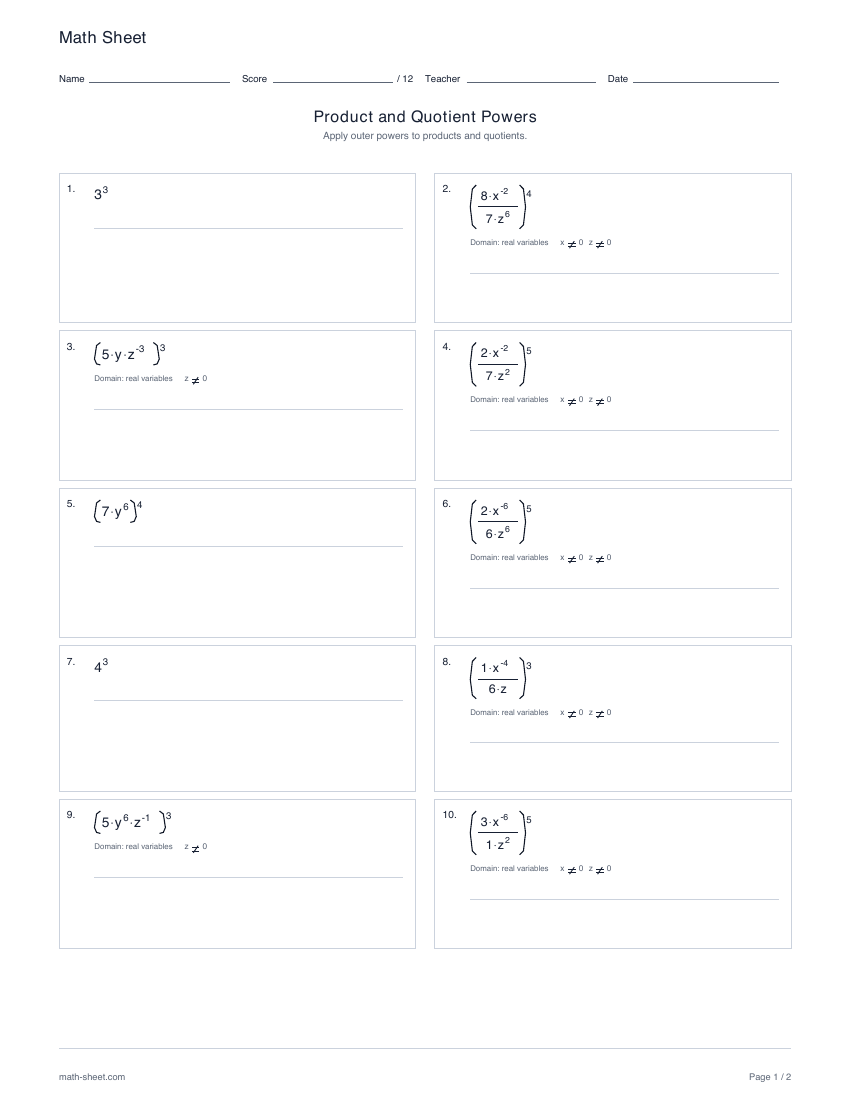 First page preview: Powers of products and quotients worksheets
