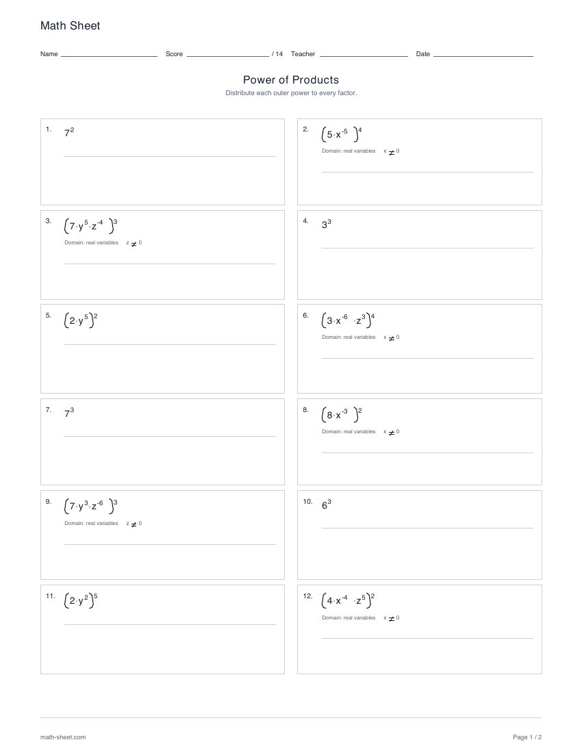 First page preview: Powers of products worksheets