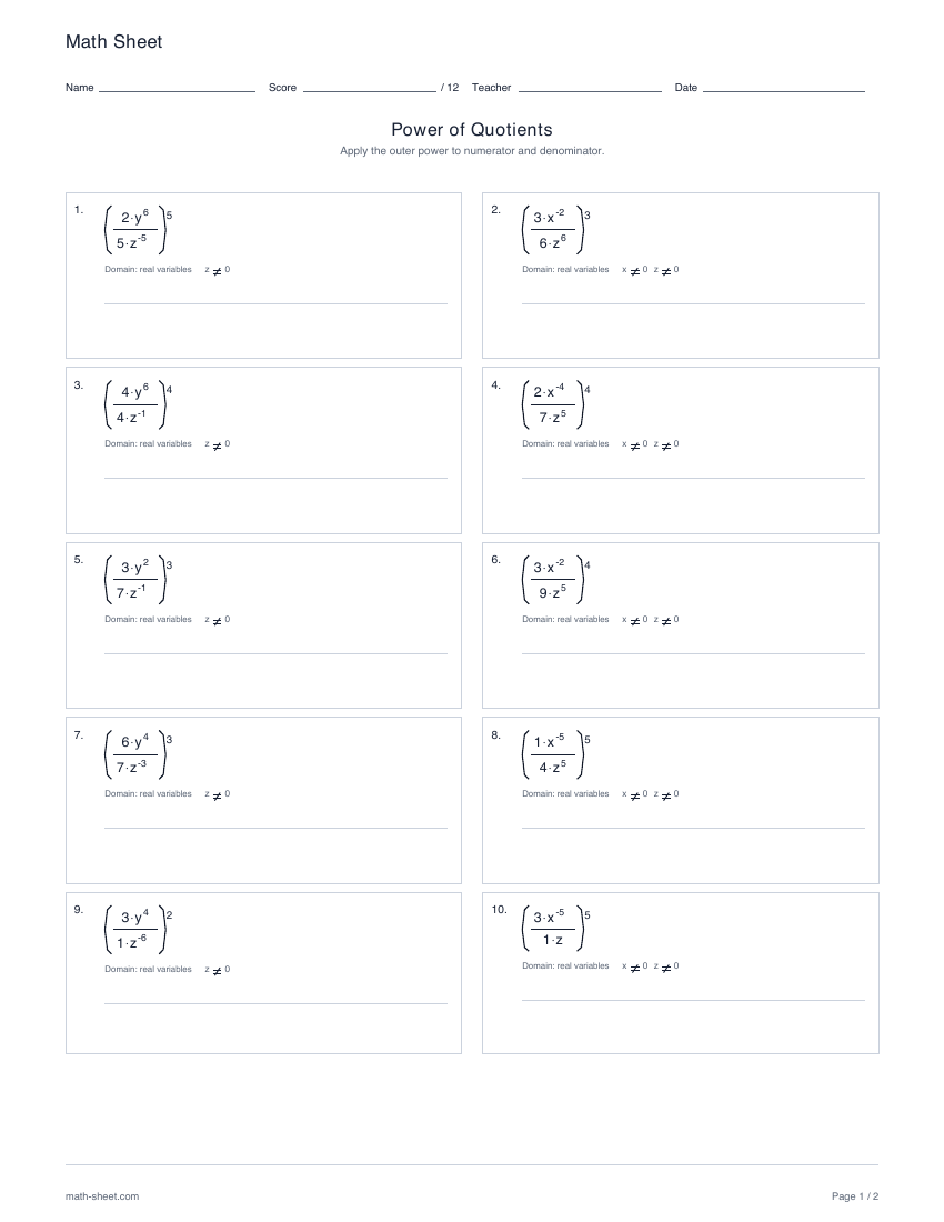 First page preview: Powers of quotients worksheets