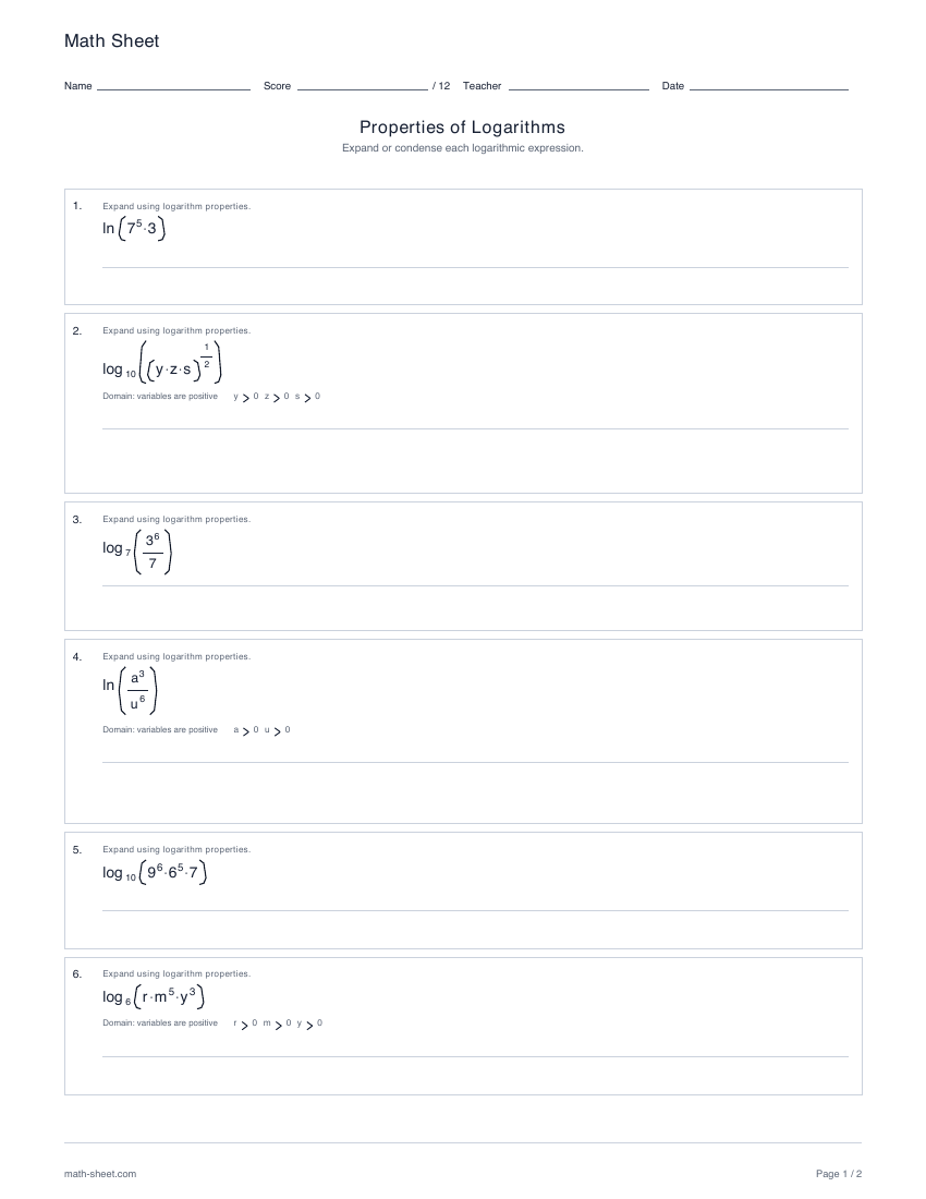 First page preview: Properties of logarithms worksheets