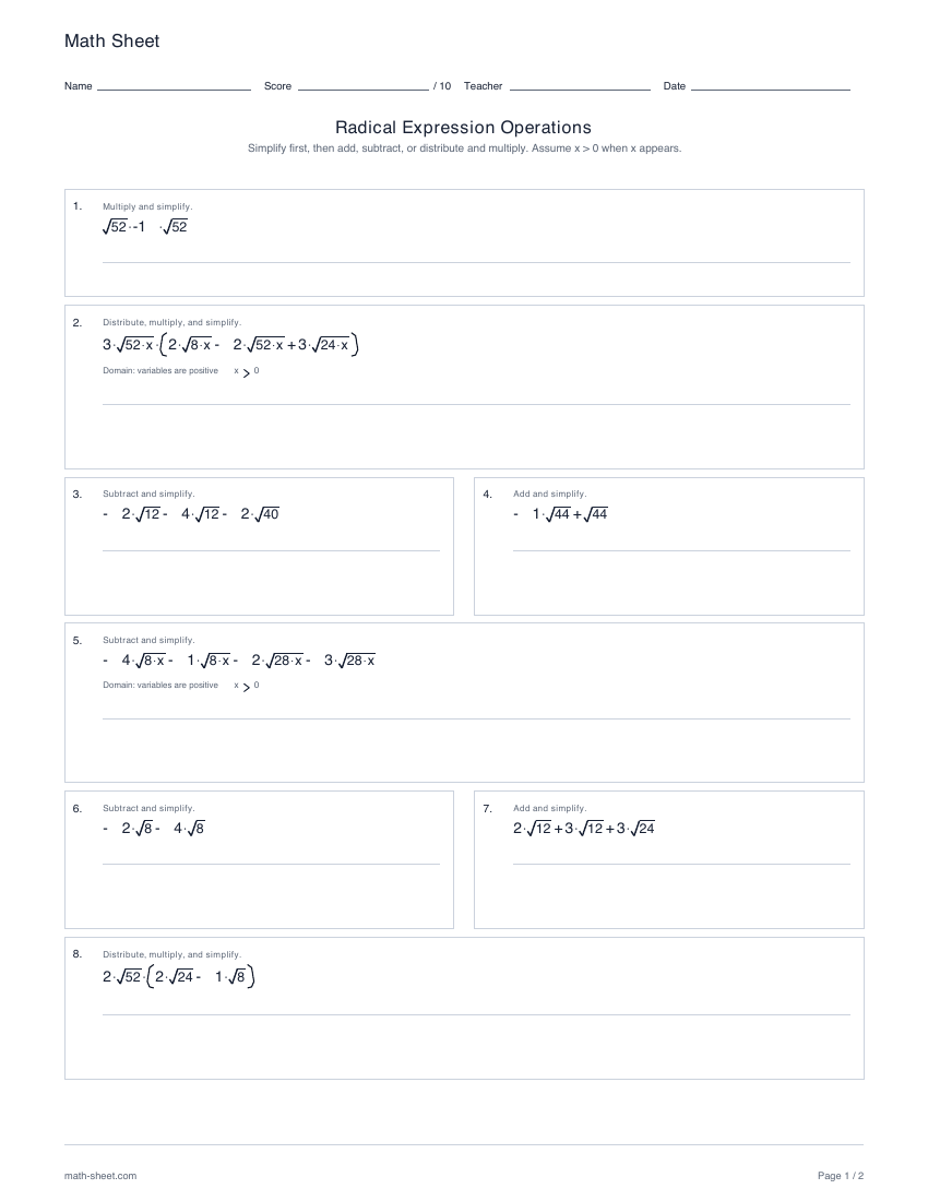 First page preview: Radical expression operations worksheets