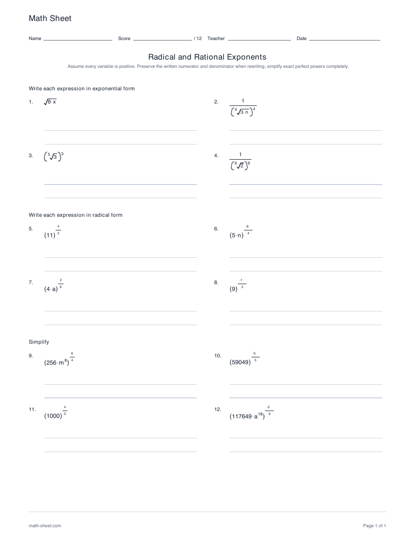 First page preview: Radical and rational exponents worksheets