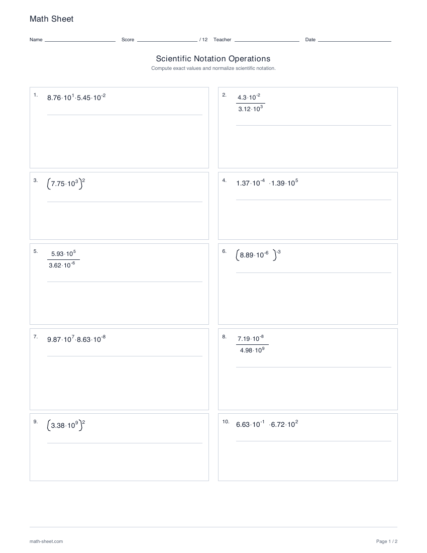 First page preview: Scientific notation operations worksheets