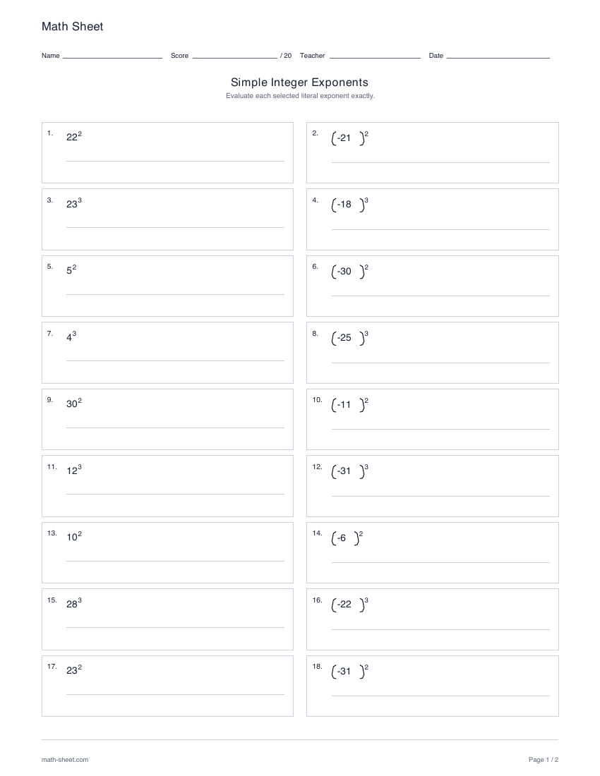 First page preview: Simple integer exponents worksheets