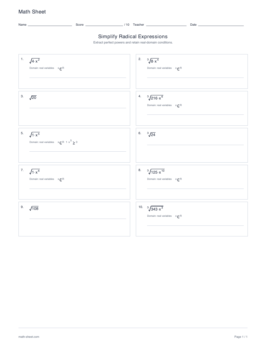 First page preview: Simplifying radical expressions worksheets