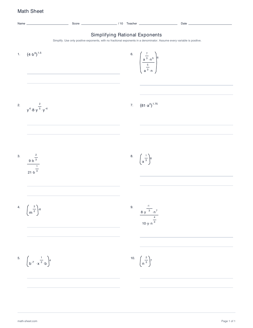 First page preview: Simplifying rational exponents worksheets