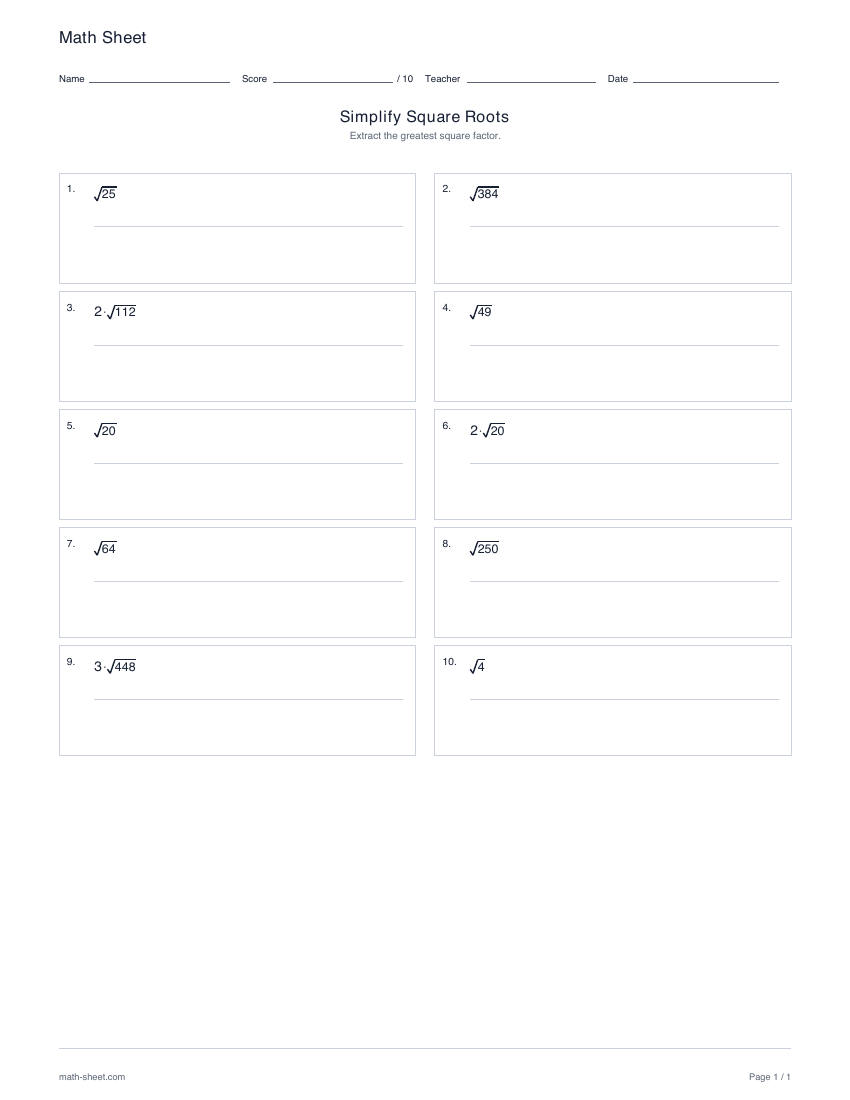First page preview: Simplifying square roots worksheets