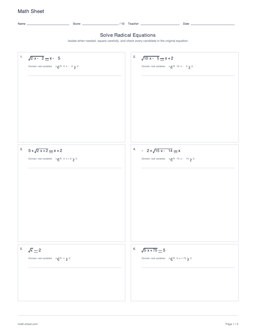 First page preview: Solving radical equations worksheets