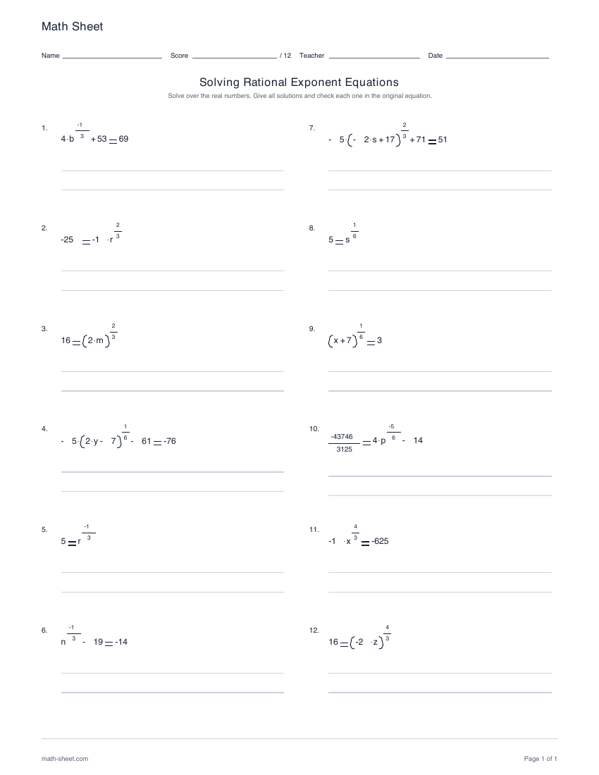 First page preview: Solving rational exponent equations worksheets