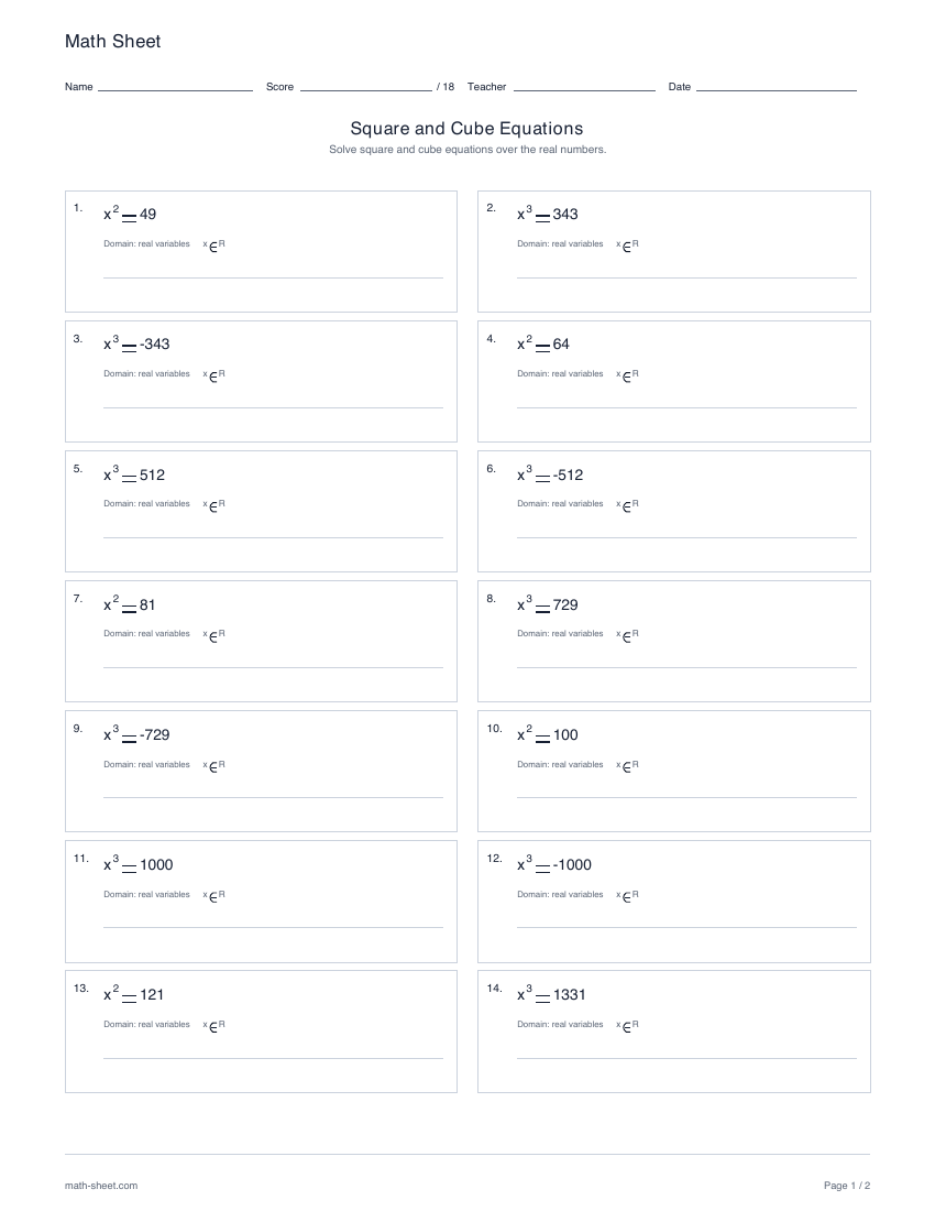 First page preview: Square and cube equations worksheets