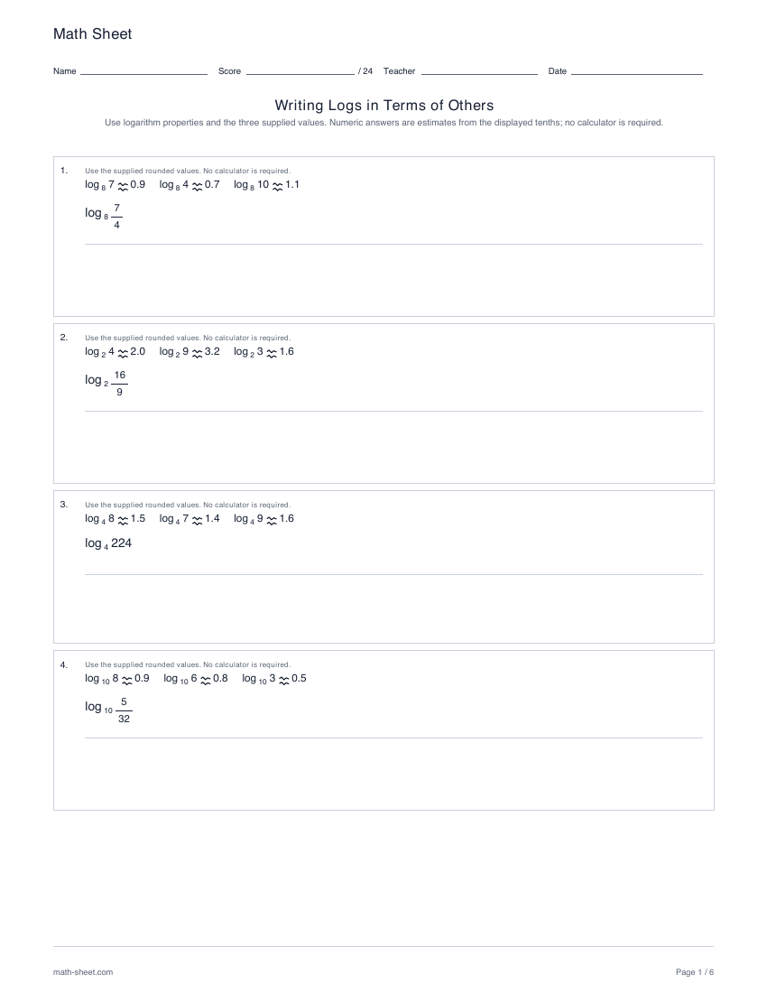First page preview: Writing logs in terms of others worksheets
