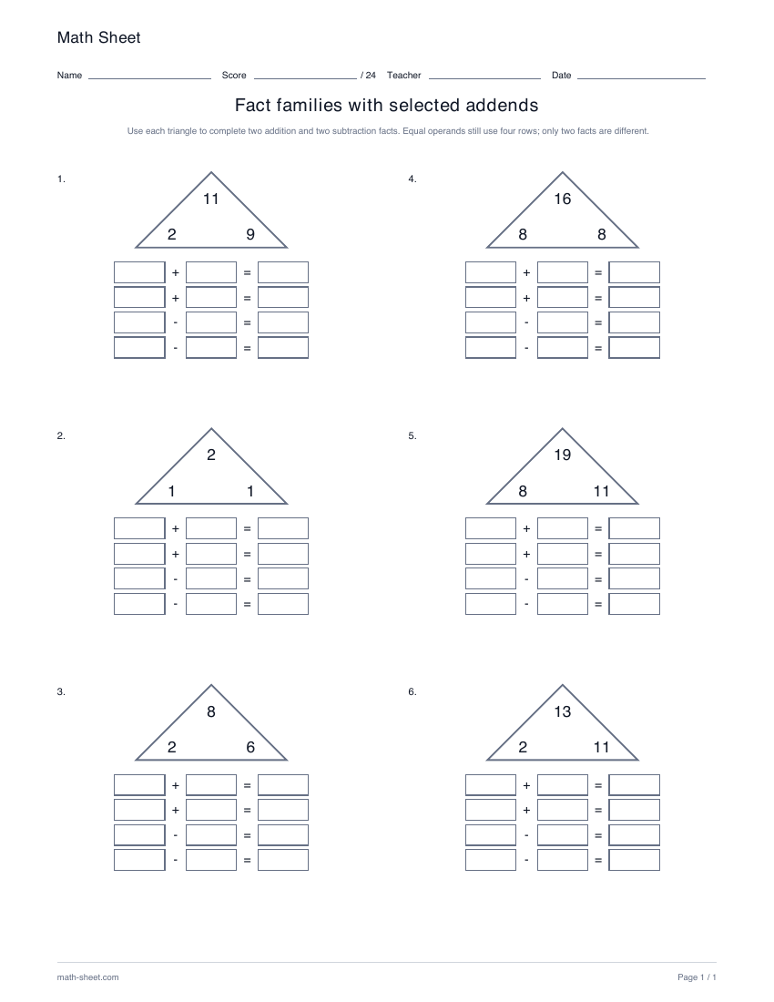Printable fact families with both addends selected worksheet preview